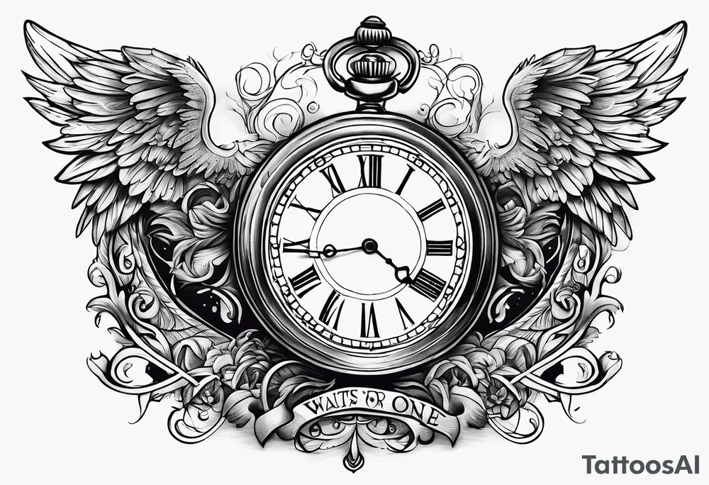 Angels and a old time pocket watch with the saying "Time waits for no one..." tattoo idea