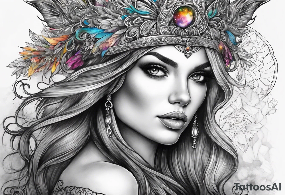 A fairy/witch with a Lot of collors, make It look mystic and really colorful and realistic. The background should also be colored please dont show anything Black and white tattoo idea