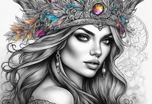 A fairy/witch with a Lot of collors, make It look mystic and really colorful and realistic. The background should also be colored please dont show anything Black and white tattoo idea