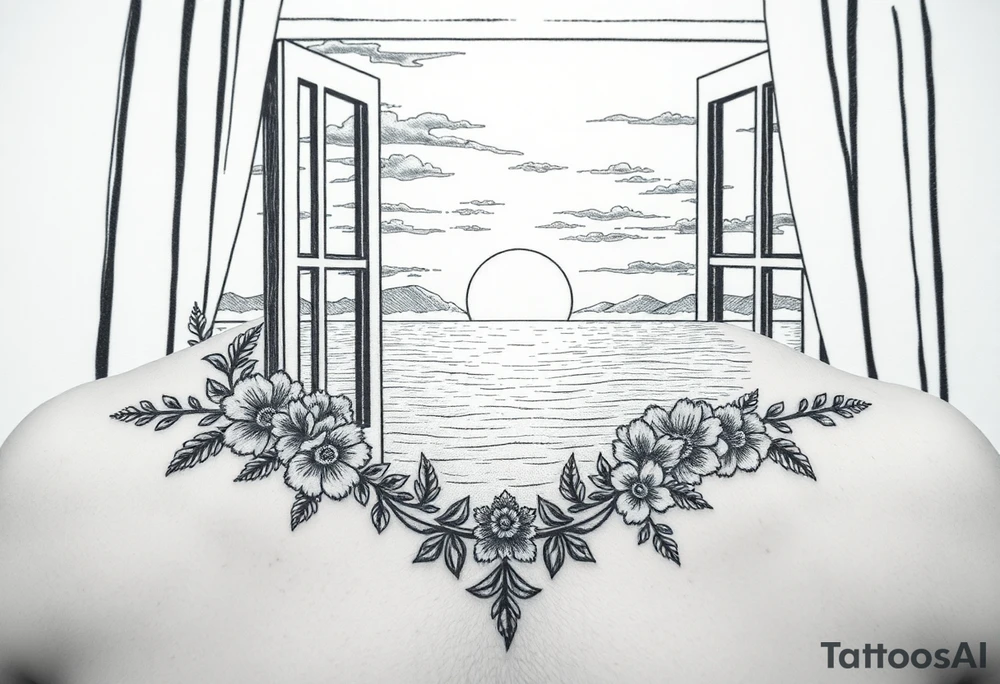 A sunset across the ocean, looking out of a window with Turkish ornamental accents and floral touches tattoo idea