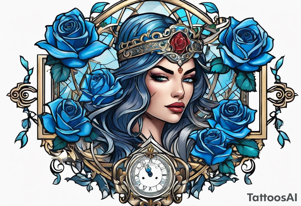 Justicia Goddess Tattoo  frame blue roses, With scales and a sword, blindfolded. tattoo idea
