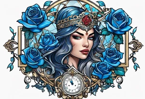 Justicia Goddess Tattoo  frame blue roses, With scales and a sword, blindfolded. tattoo idea