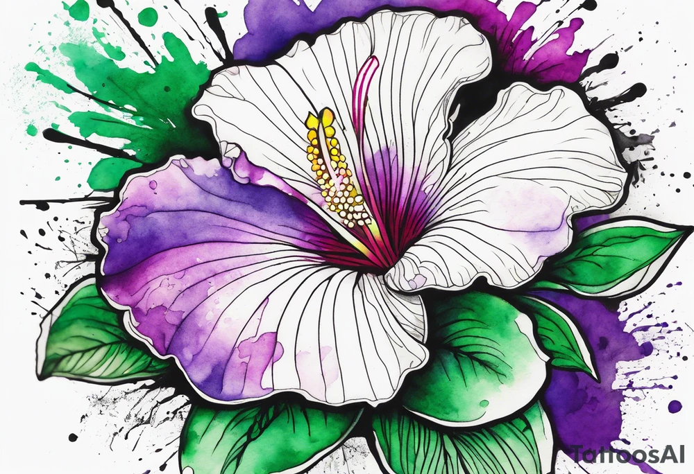 An outline of a rio dipladenia flower with a green and purple watercolor splash in the background tattoo idea