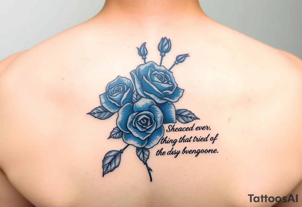 blue roses with the quote “ She overcame everything that tried to destroy her “ tattoo idea