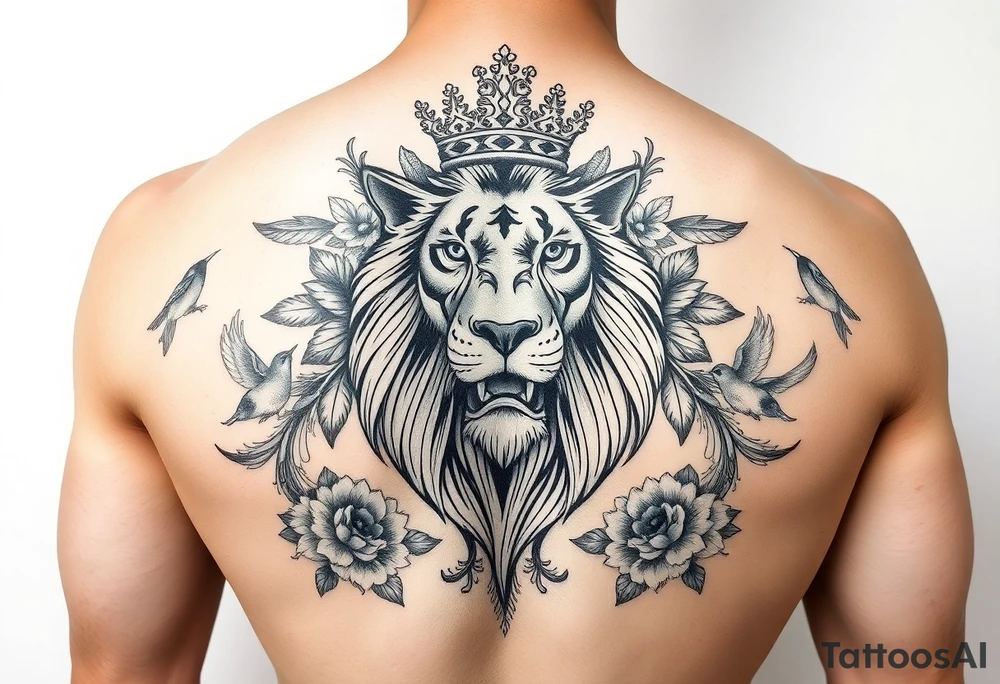powerful majestic lion with a crown, surrounded by floral ornaments and birds tattoo idea