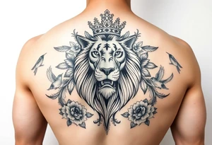 powerful majestic lion with a crown, surrounded by floral ornaments and birds tattoo idea