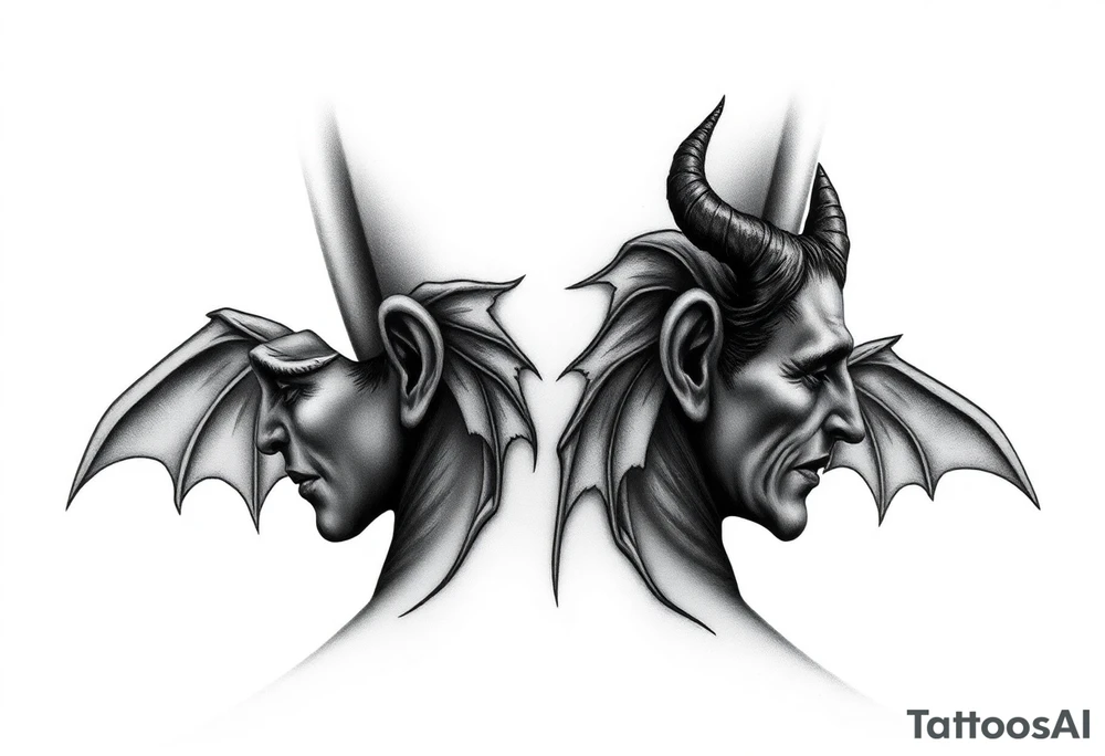 position behind the neck Angel (on the right) whispering in the right ear, demon (on the left) whispering in the left ear. It must be as realistic as possible. tattoo idea
