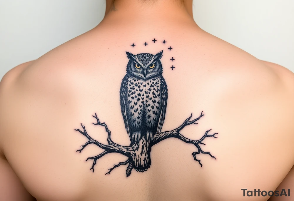 wise owl perched on ancient oak branch under starlit sky tattoo idea