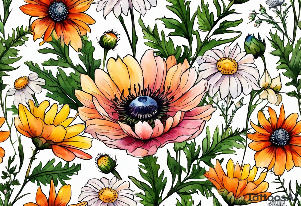 simple wildflowers cascading with thistles, ferns, white anemones, sun flowers, yellow flowers, red flowers, pink flowers, green flowers, buttercups, orange flowers, babys breath and daisies all in watercolor tattoo idea