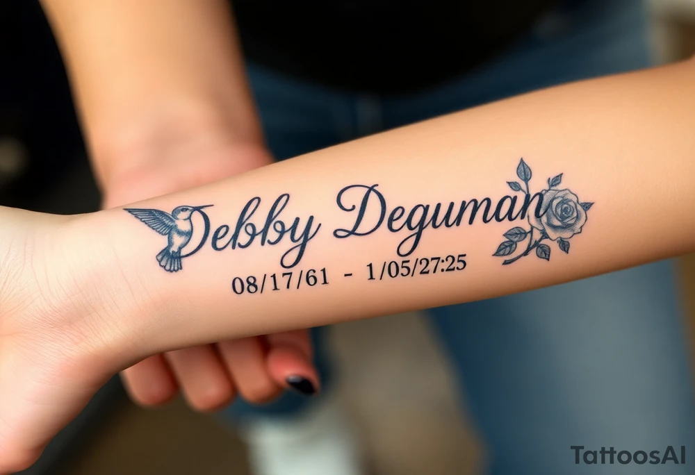 Tattoo of the exact name Debby Deguzman in chunky curly cursive with the exact dates of 08/17/61-05/29/25 surrounded by 1 hummingbird and 1 rose tattoo idea