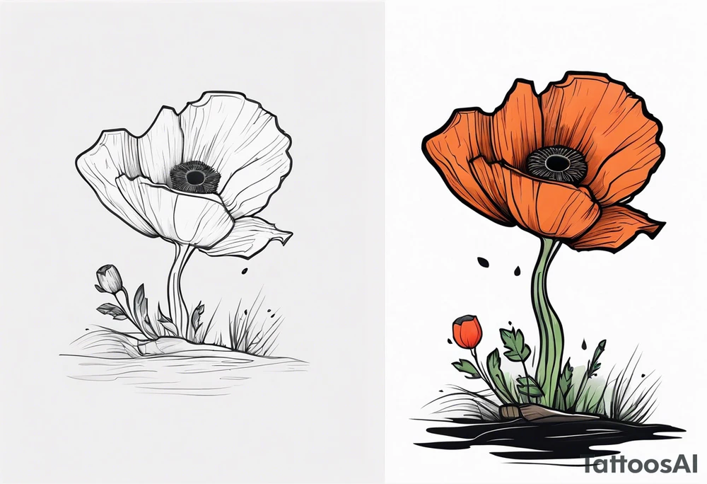 A single tree stump showing its rings with a single small poppy growing out of the ground next to the stump tattoo idea