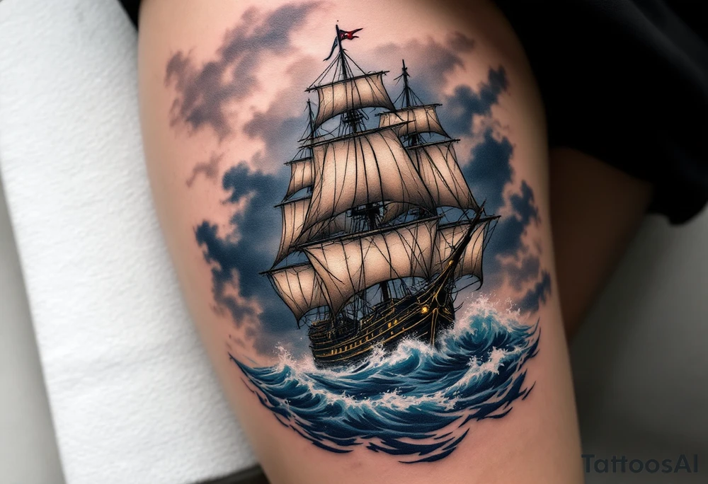 A majestic pirate ship, the Black Pearl, sailing through turbulent waves under a dark stormy sky. The sails are tattered, and the ship's outline is detailed in black ink with hints of deep navy blue and stormy gray waves crashing around. Deep navy blue, stormy gray, black, soft hints of golden accents on the ship’s details. tattoo idea