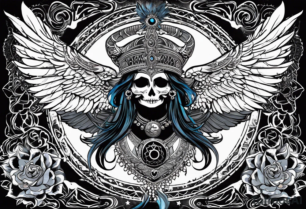 black kali, goddess pirate, alien, angel, pachamama, valkrye, warrior, flying, skull, lotus azul, wing, eagle, zenza resonance, stars, 5D, anahata chakra, death, durga, riding on a tiger, flying lady tattoo idea