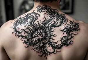 Purépecha style tattoo surrounded by Asian style clouds tattoo idea