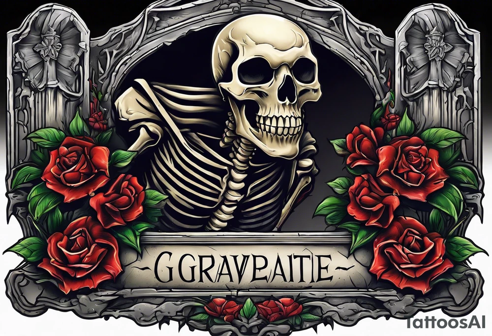 Skeleton crawling out of grave. 
MIW Reincarnate written on gravestone tattoo idea