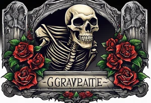 Skeleton crawling out of grave. 
MIW Reincarnate written on gravestone tattoo idea