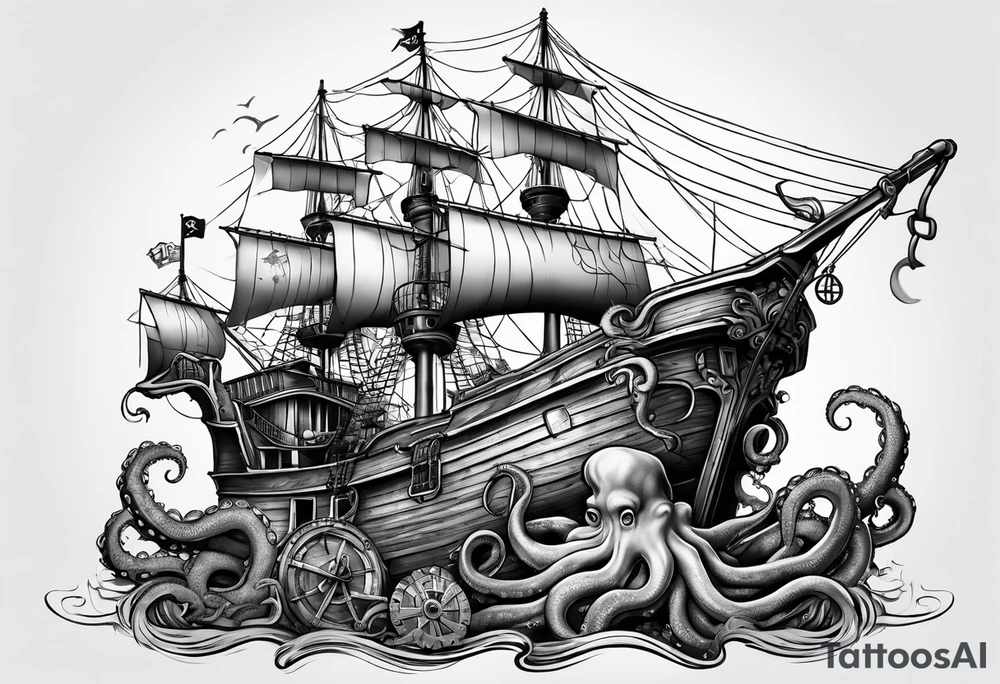 Octopus with tractor arm wrapped around a pirate ship with jimmy buffet playing in the background tattoo idea