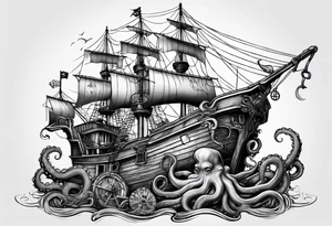 Octopus with tractor arm wrapped around a pirate ship with jimmy buffet playing in the background tattoo idea