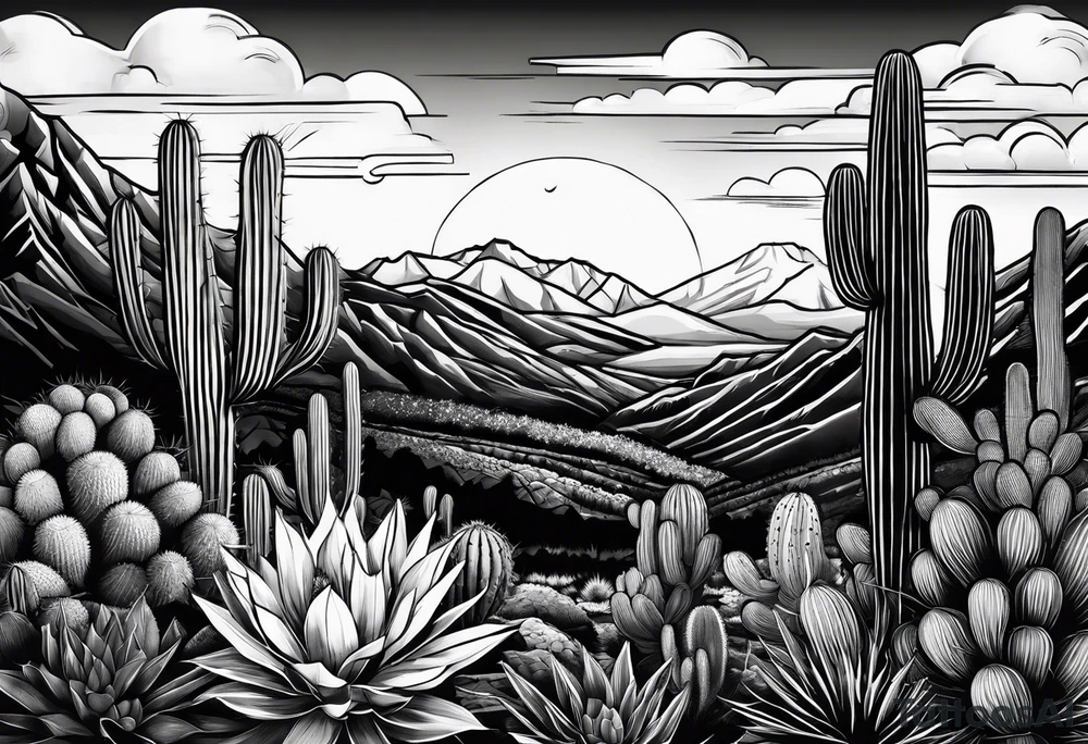 vertical, cactus, sunset, mountain tattoo idea