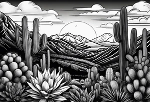 vertical, cactus, sunset, mountain tattoo idea