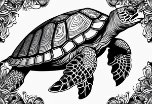 A serene turtle swimming underwater, detailed shell patterns visible, symbolizing patience and longevity.” tattoo idea