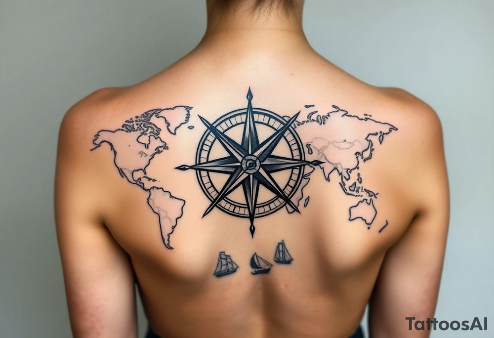 antique compass rose overlaid on weathered world map with sailing ships tattoo idea