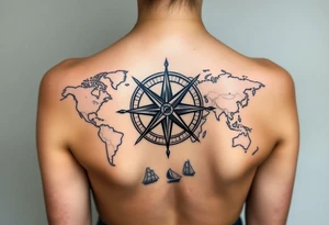 antique compass rose overlaid on weathered world map with sailing ships tattoo idea