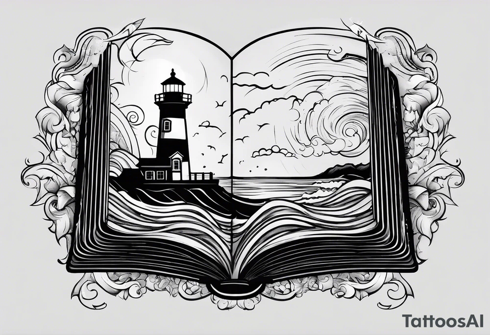 minimalist "open book" with a lighthouse in the middle and a clock and surrounded by storm tattoo idea