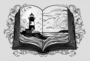 minimalist "open book" with a lighthouse in the middle and a clock and surrounded by storm tattoo idea