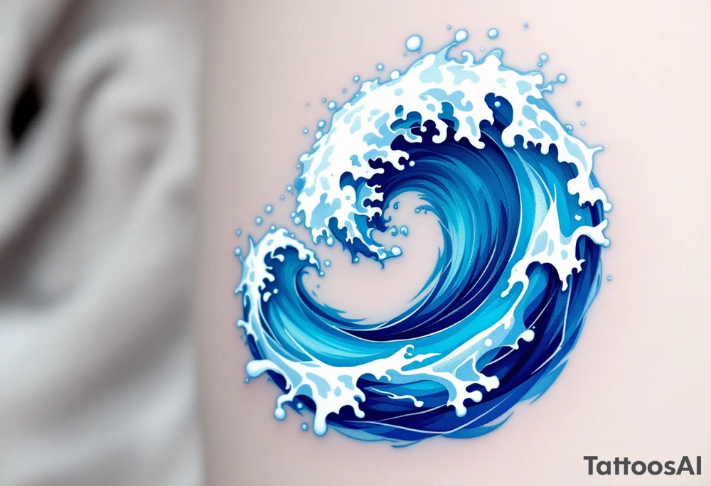 A stylized spiral composed of blue waves and white foam, capturing the movement of the ocean. tattoo idea