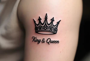 A minimalist black crown pair with the word "King" in bold script and "Queen" in elegant cursive, symbolizing unity in style. tattoo idea