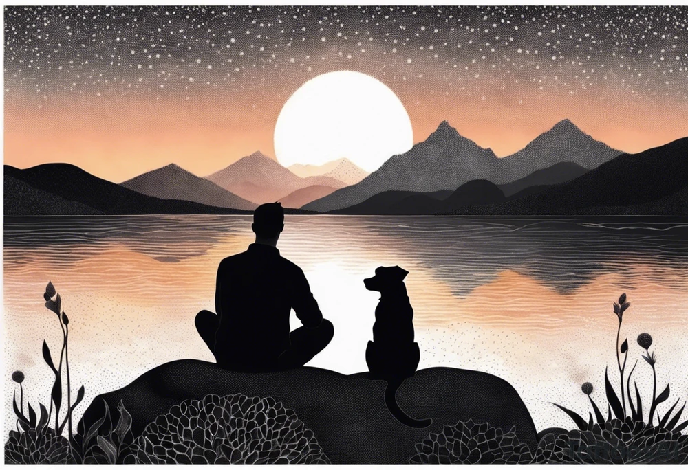 nature, sunset, mountains, a father and son sitting with their dog and cat 
by the water tattoo idea