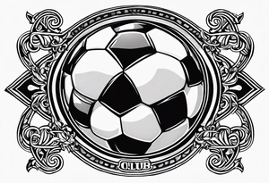 MÉS QUE UN CLUB text with soccer ball and a cross christian theme simple forearm tattoo idea
