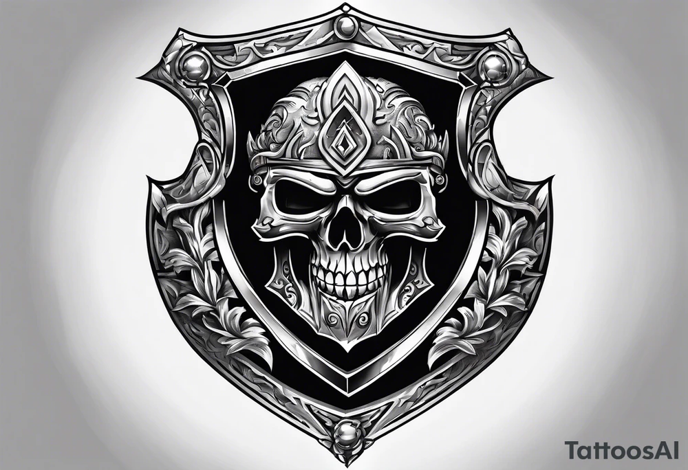 A flaming shield adorned with a mountain and a warhammer tattoo idea
