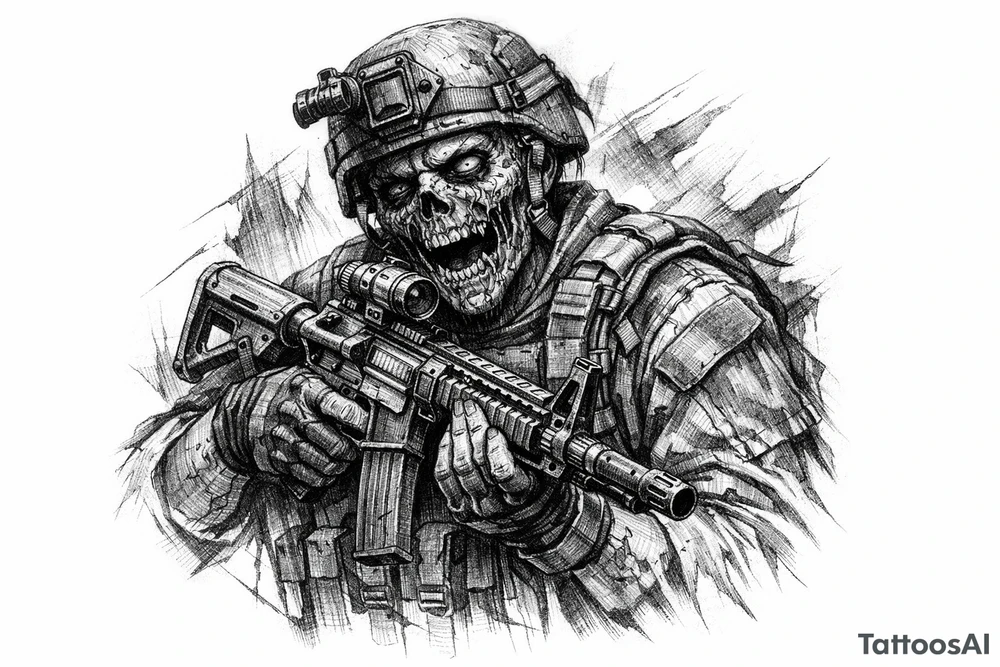 zombie in soldier-outfit,assault-rifle. tattoo idea