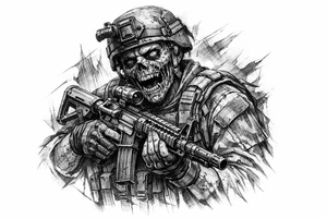 zombie in soldier-outfit,assault-rifle. tattoo idea