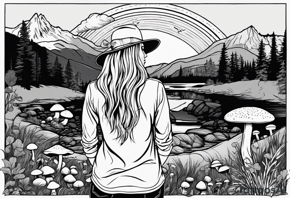 Whole picture encircled fully

Straight long blonde hair hippie girl in distance holding mushrooms in hand facing away toward mountains and creek surrounded by mushrooms long sleeve shirt and hiking pants; whole rendering within a full circle, no cut off circle tattoo idea