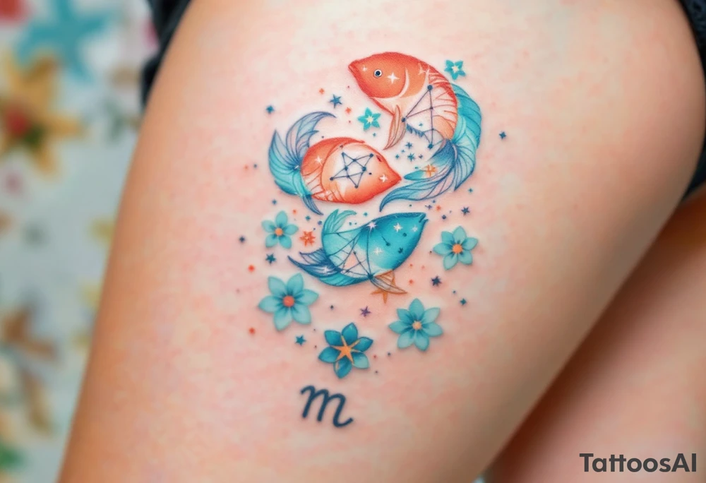 A Pisces star constellation in coral and turquoise threads its way through the Pisces sign in a mandala-style pattern. tattoo idea