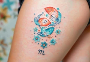 A Pisces star constellation in coral and turquoise threads its way through the Pisces sign in a mandala-style pattern. tattoo idea