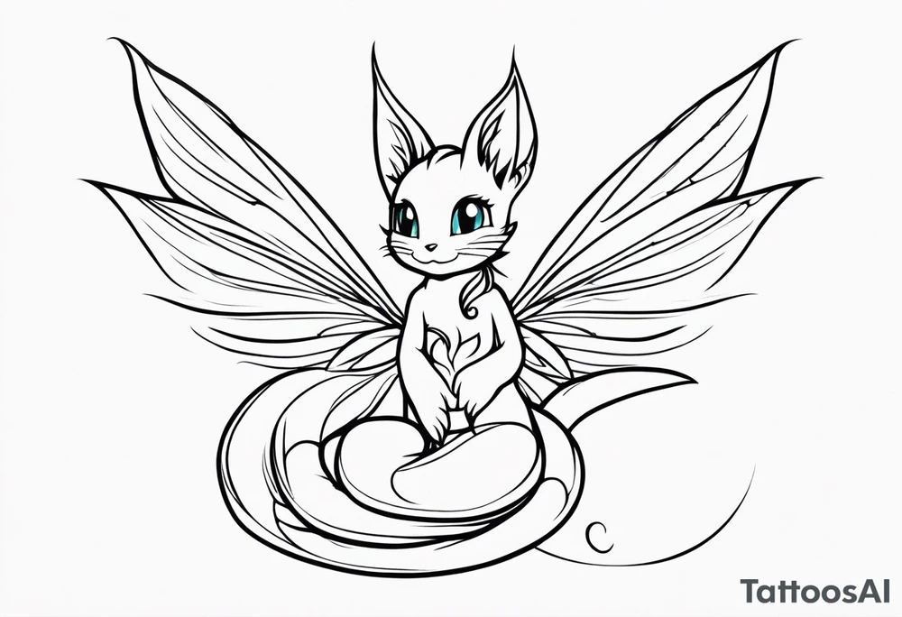 A fairy with a tail inspired by the logo of the show called Fairy Tail in a fetal position leaning in no additional ears or background  no animal ears tattoo idea