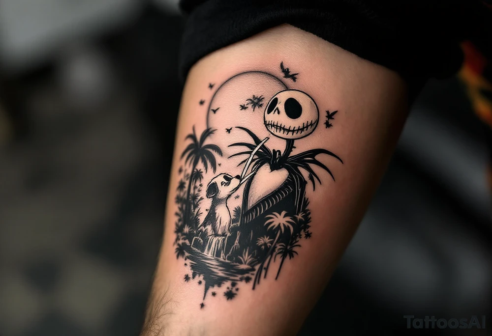 jack skellington with dog smoking a blunt, in nature jungle, waterfall, birds, palm trees tattoo idea