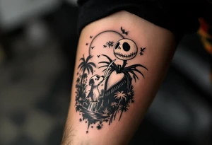 jack skellington with dog smoking a blunt, in nature jungle, waterfall, birds, palm trees tattoo idea