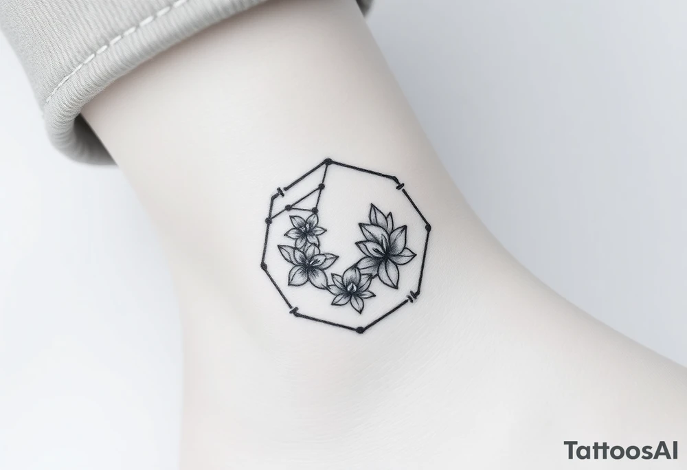 Hexagon with a constellation sign for Leo,  larkspur and water lilies in the center tattoo idea