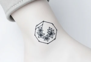 Hexagon with a constellation sign for Leo,  larkspur and water lilies in the center tattoo idea