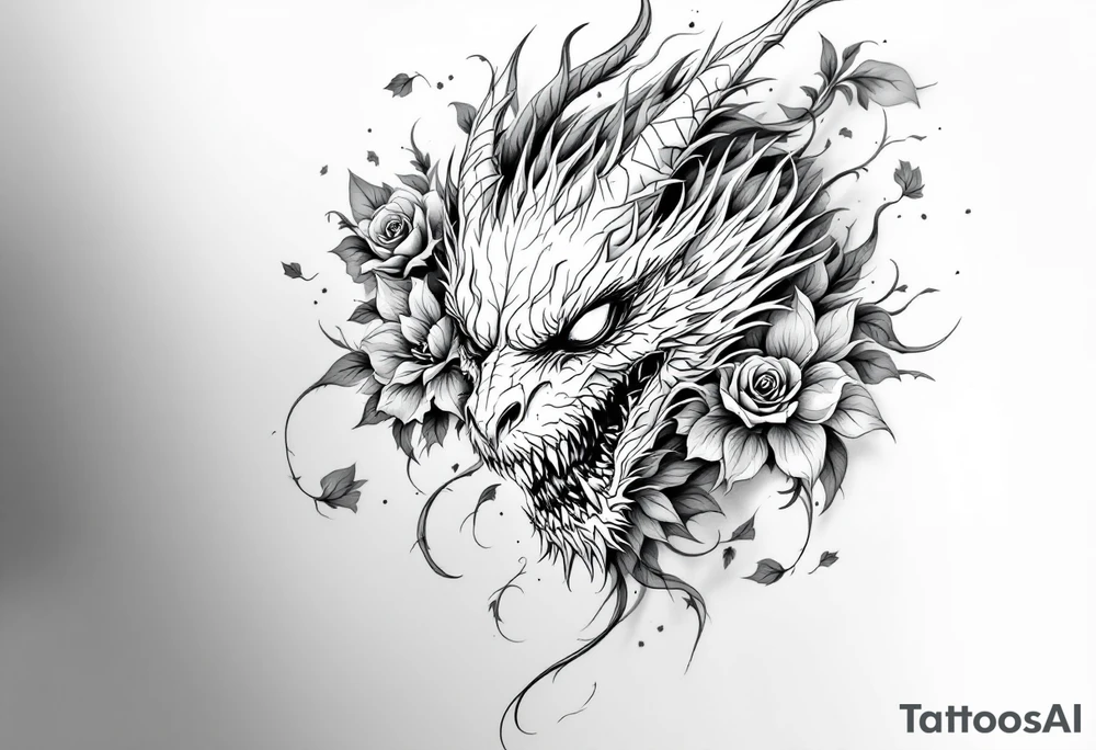 scary dragon face down with flowers tattoo idea