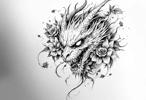 scary dragon face down with flowers tattoo idea