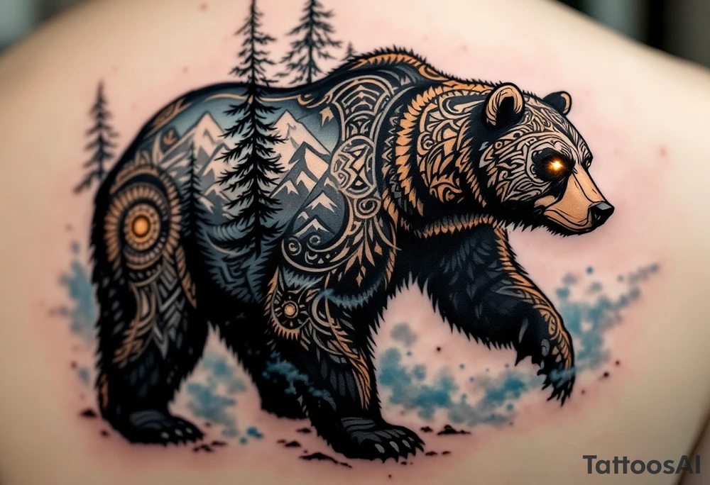 A powerful, majestic bear tattoo with a deep black and brown color palette. The bear is depicted in a standing position, symbolizing strength and protection, with intricate tribal patterns subtly etched along its body, representing its spiritual connection to the earth. The bear’s eyes glow soft golden to represent wisdom and insight. Around the bear, mountain peaks and pine trees form a natural, serene backdrop, while delicate blue mist rises from the ground, tattoo idea