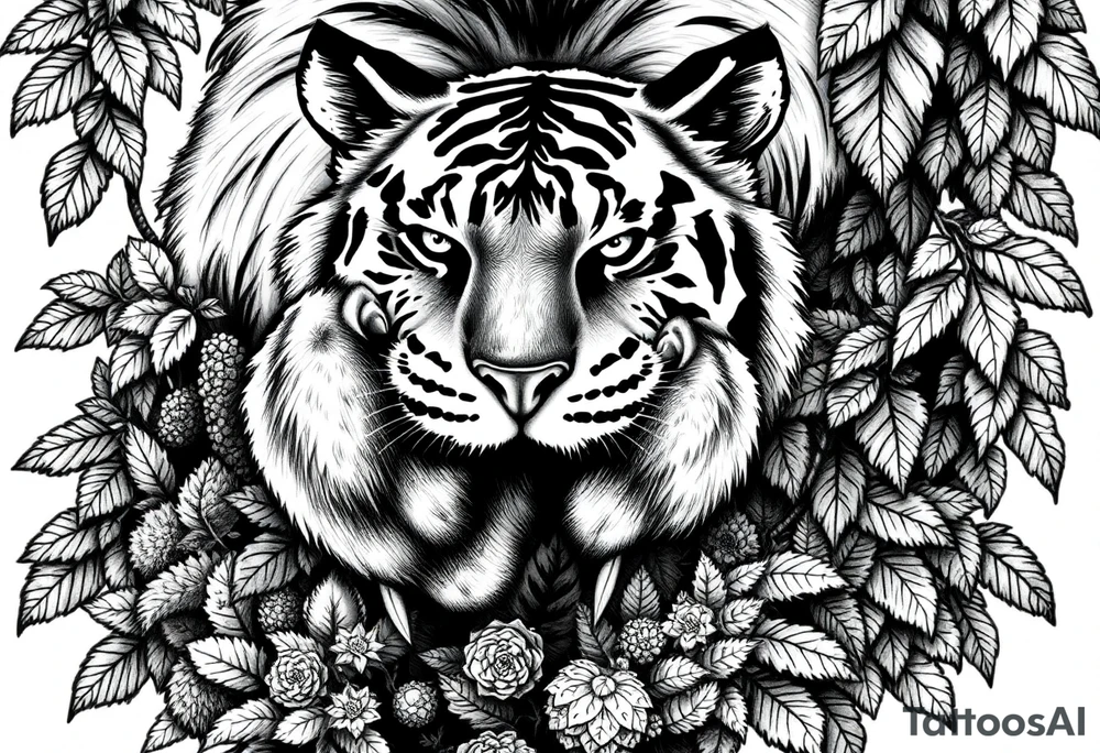 A tiger's powerful front paw emerging from dense jungle foliage, detailed moss. tattoo idea
