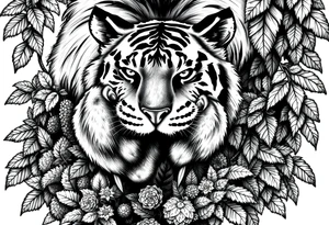 A tiger's powerful front paw emerging from dense jungle foliage, detailed moss. tattoo idea