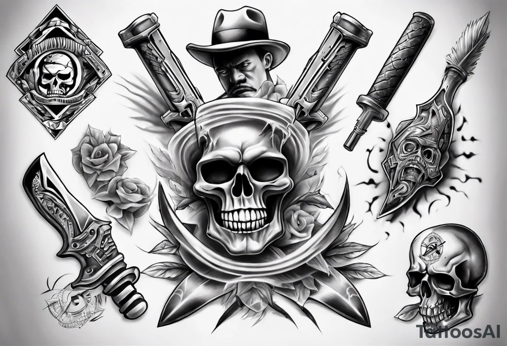 photorealistic chicano
weapons and gangsters tattoo idea